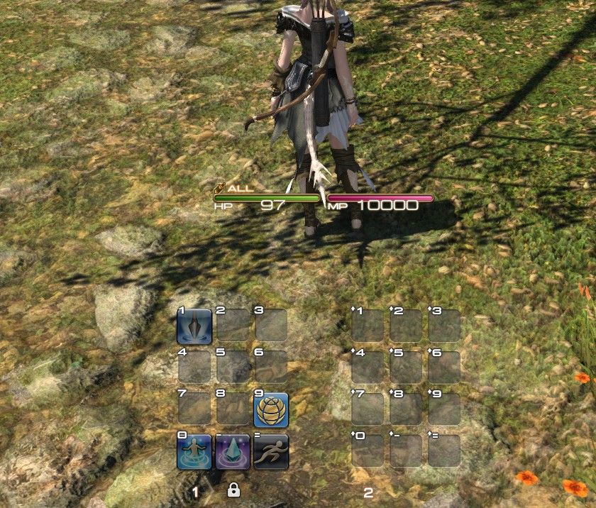 picture of ffxiv online hud elements, 2 hot bars in 3x4 arrangement next to each other with the health and mana bar centered above them