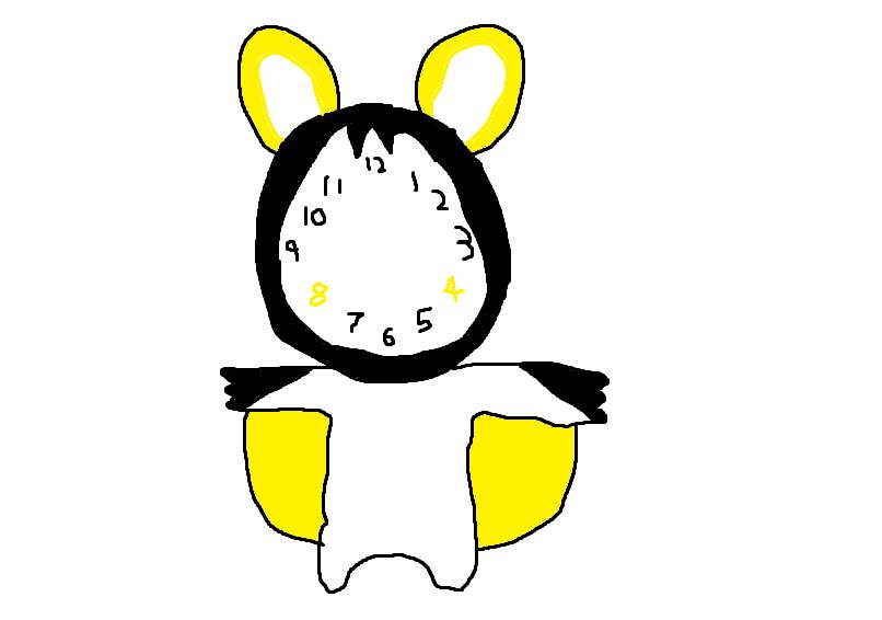 an mspaint drawing of emolga from pokemon except the face is a clock because of course it is, it's a sort flying squirrel with black and yellow accents