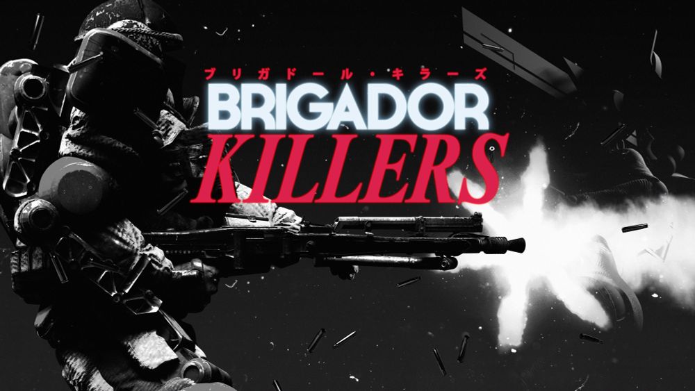 a stark black, white, and red splash art for Brigador Killers, the logotype (the only color in the image) is a mix of japanese with the title in mixed sans serif and serif font. we see an exosuited soldier in side profile firing an mg42 with a laser sight on it. ejected shells fly across the image and bug muzzle flash. 