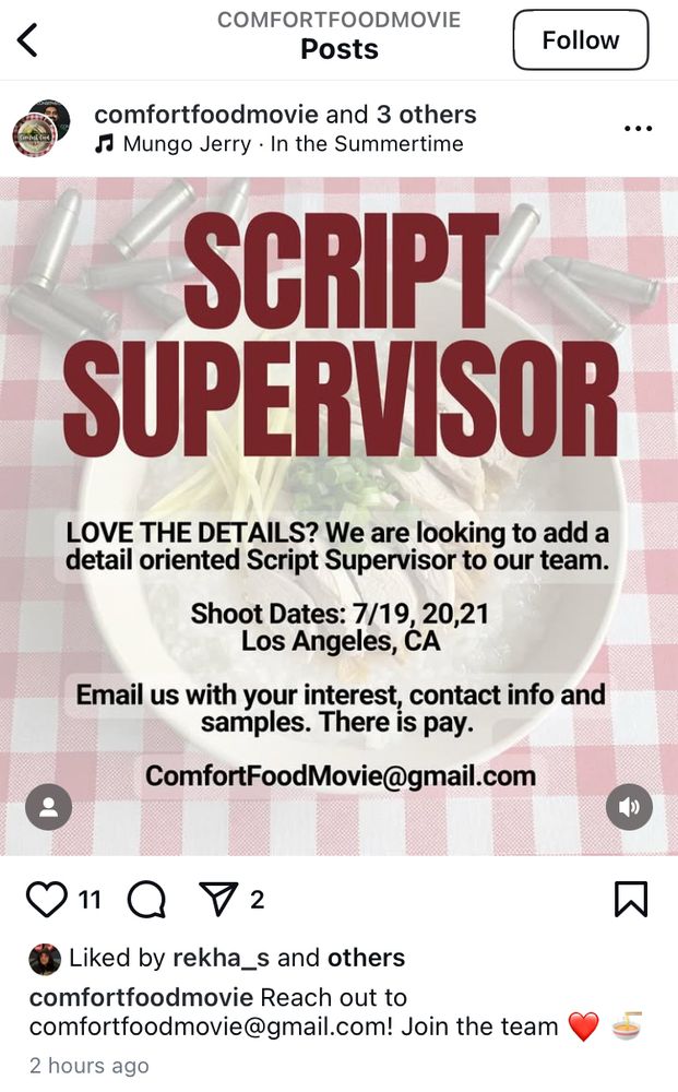 Script supervisor opening for indie film comfort food movie.