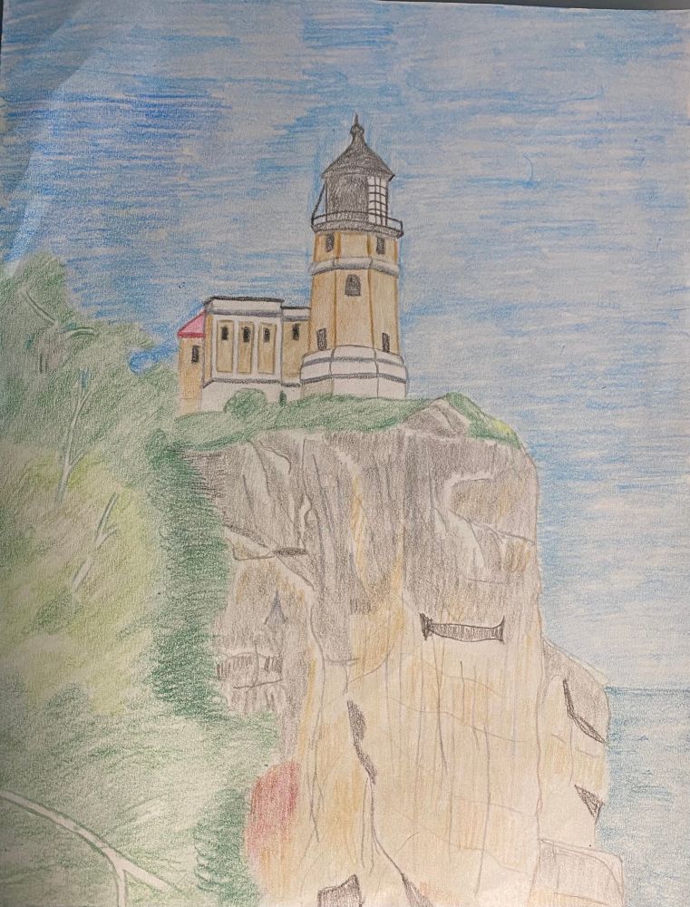 A color and pencil drawing of Split Rock Lighthouse