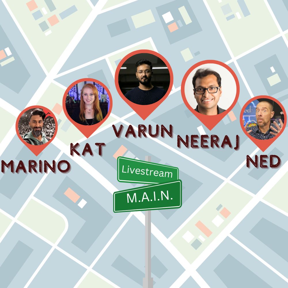 Marino, Kat, Varun, Neeraj, and Ned on livestream on main song (which is white text on green signs)