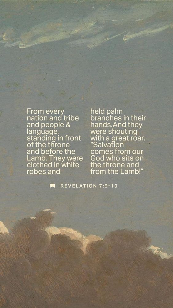 The text Revelation 7:8-10 in the NLT translation set against a backdrop of a painting of the sky with clouds
