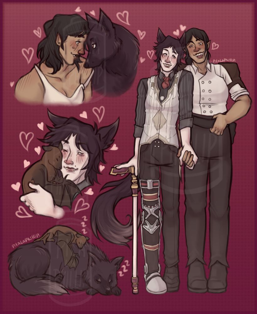 Multiple drawings of Werewolf Femme Viktor and Vampire Jayce on a reddish background.
On the top left (viewer's perspective) there's Jayce and Viktor on her wolf form forehead to forehead, white hearts surrounding them.
Bellow it there's Jayce in her bat form snuggling against Viktor's face, who is holding her, white hearts surrounding them.
Bellow it there's both of them in their animal forms sleeping, Jayce layed down on top of Viktor's back.
On the right side of the drawing it's a full drawing of them holding hands in their human form while staring at each other. Viktor has distinctive werewolf elements like wolf ears and a tail, wearing the lab uniform similar to most of season 1. Jayce is wearing the uniform she wears at the forge in season 1, her smile reveals her fangs and has pointy ears.