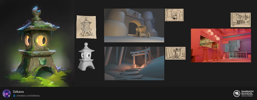 Week 3 of the Course!
This week, we focused on creating environmental sketches and translating them into 3D models using Blender. The second part of the task involved processing a 3D mockup into a 2D for further drawing. For my project, I chose to model a traditional Japanese lantern, Toro :3