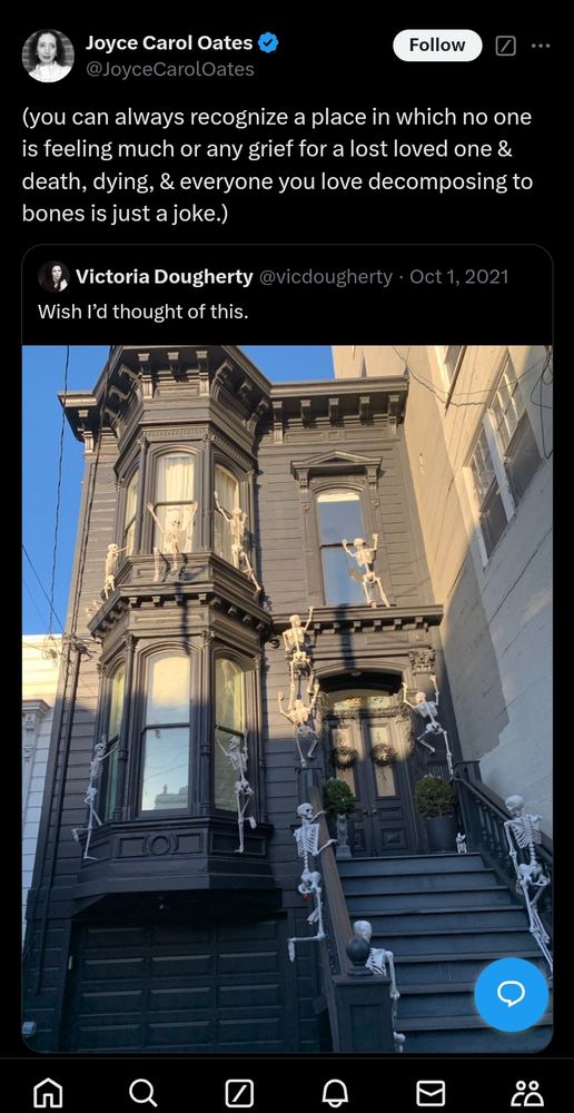 Screenshot of a Joyce Carol Oates tweet about people being insufficiently respectful of skeletons around Halloween 