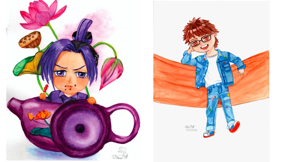 Chibi watercolour illustration of Jiang Cheng form Mo Dao Zu Shi and Miyuki from Diamond no Ace, both commissions 