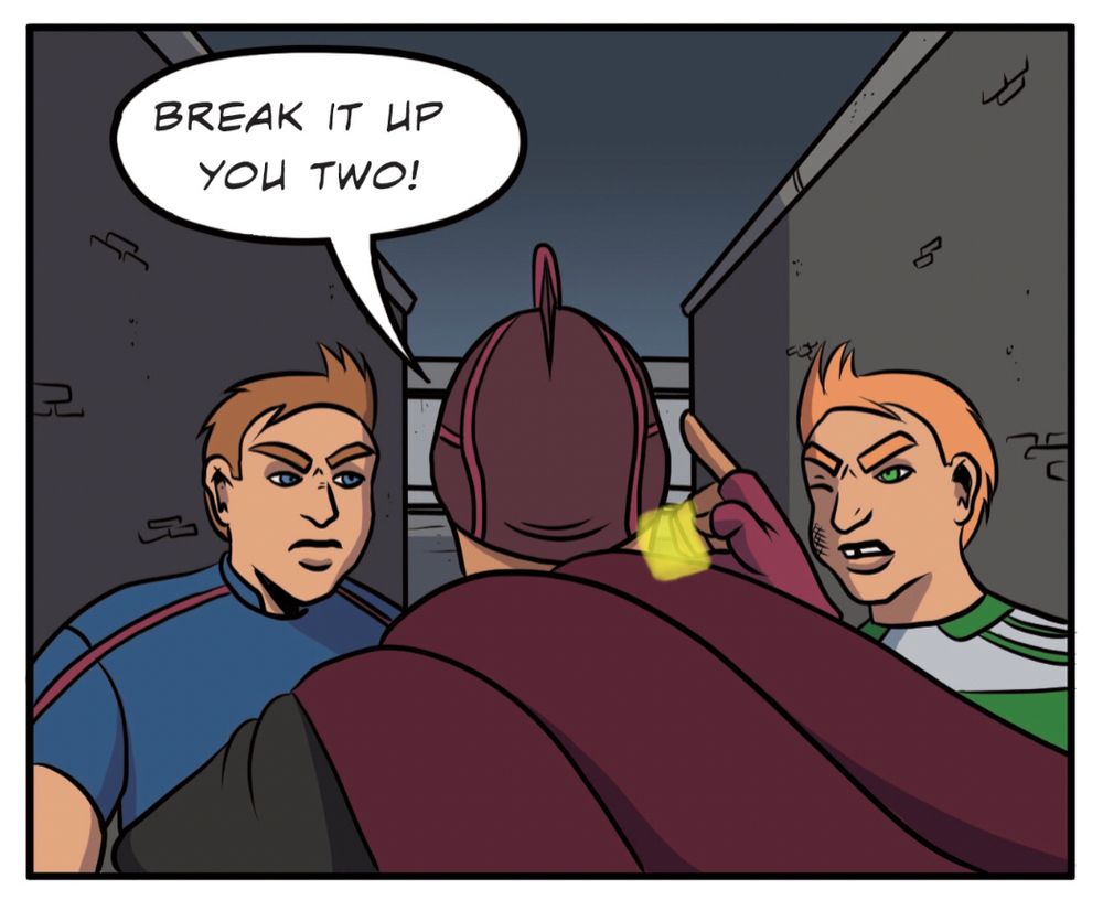 A superhero confronts two men brawling