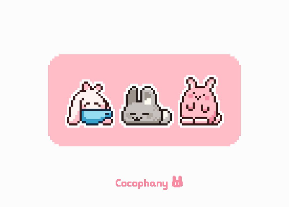 Pixel art sprites of three cute bunnies. One's in a teacup, one's a dust bunny, and last one's a tall pink bunny.