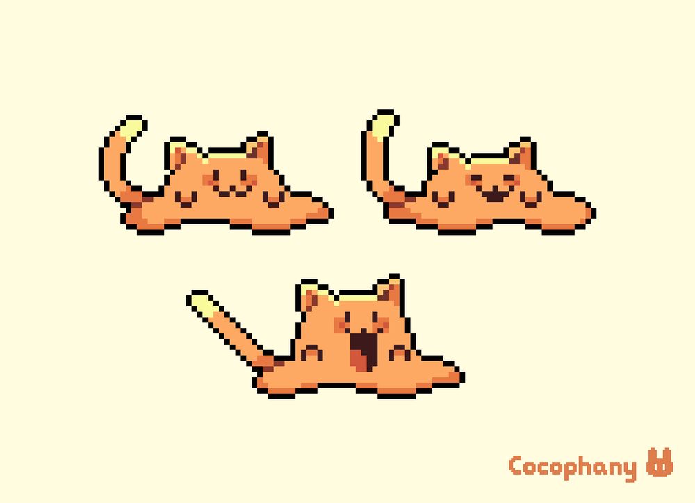 Three goofy pixel art sprites of the lava cat mob in the lava mine levels in Fields of Mistria.