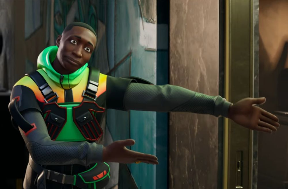 The second frame of the same fortnite character, gesturing towards something
