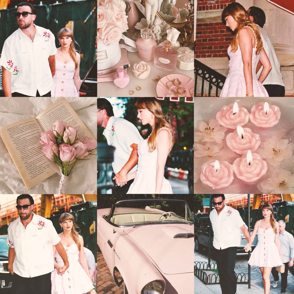aesthetic moodboard of taylor swift and travis kelce. there are 9 images, all have a pink and white aesthetic. 