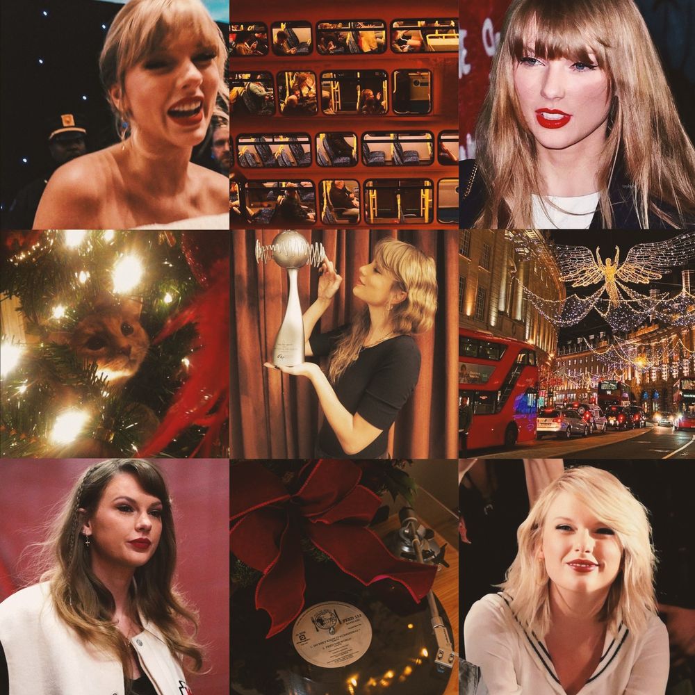 Christmas themed 9 image collage with pictures of red bows, buses, christmas lights, and taylor swift