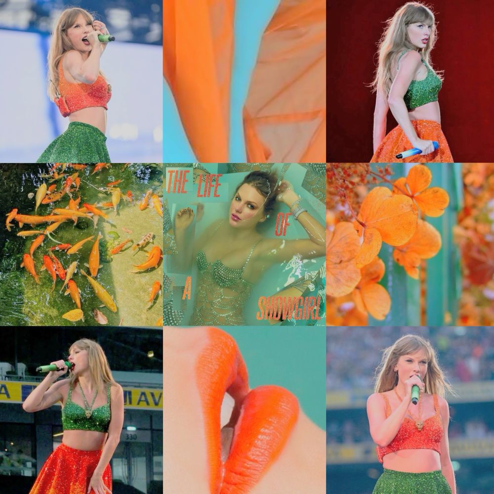 aqua and green aesthetic collage including pictures of taylor swift on stage at the eras tour as well as orange flowers, koi fish in a green pond, orange lipstick, and THE COVER OF LIFE OF A SHOWGIRL BY TAYLOR SWIFT
