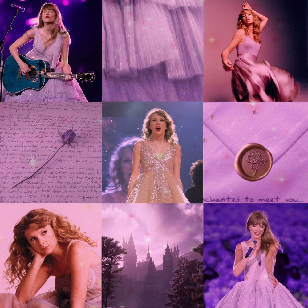 aesthetic purple collage inspired by taylor swift’s speak now album/era. includes pictures from the eras tour, the speak now tour, and the speak now Taylor’s version photoshoot