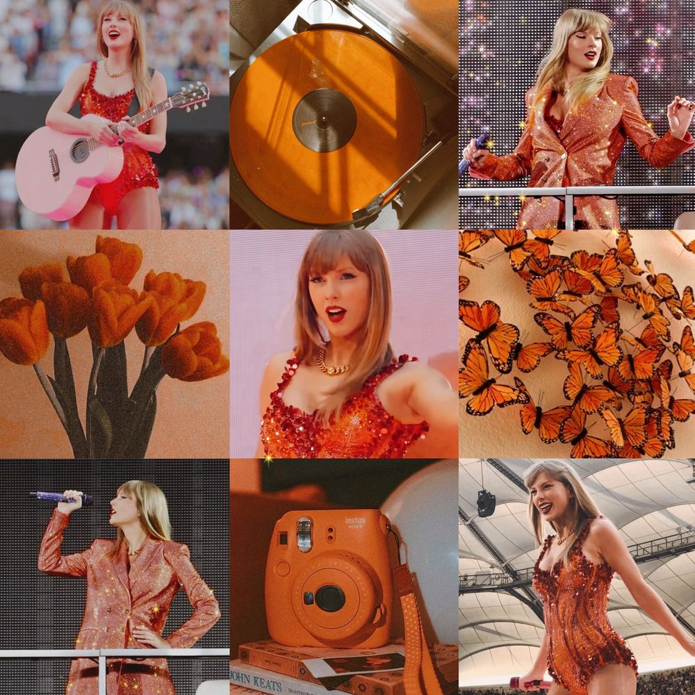 aesthetic orange collage including pictures of taylor swift performing at the eras tour 