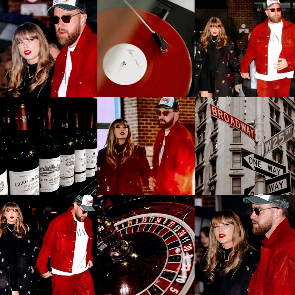 red, black, and white aesthetic collage - pics of taylor swift and travis kelce, a blackjack wheel, several bottles of red wine, a red record on a turntable, street signs, a red one reading “broadway”