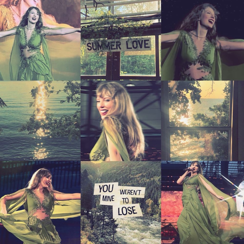 august themed aesthetic collage including summer scenes and taylor swift on stage at the eras tour wearing a green dress 