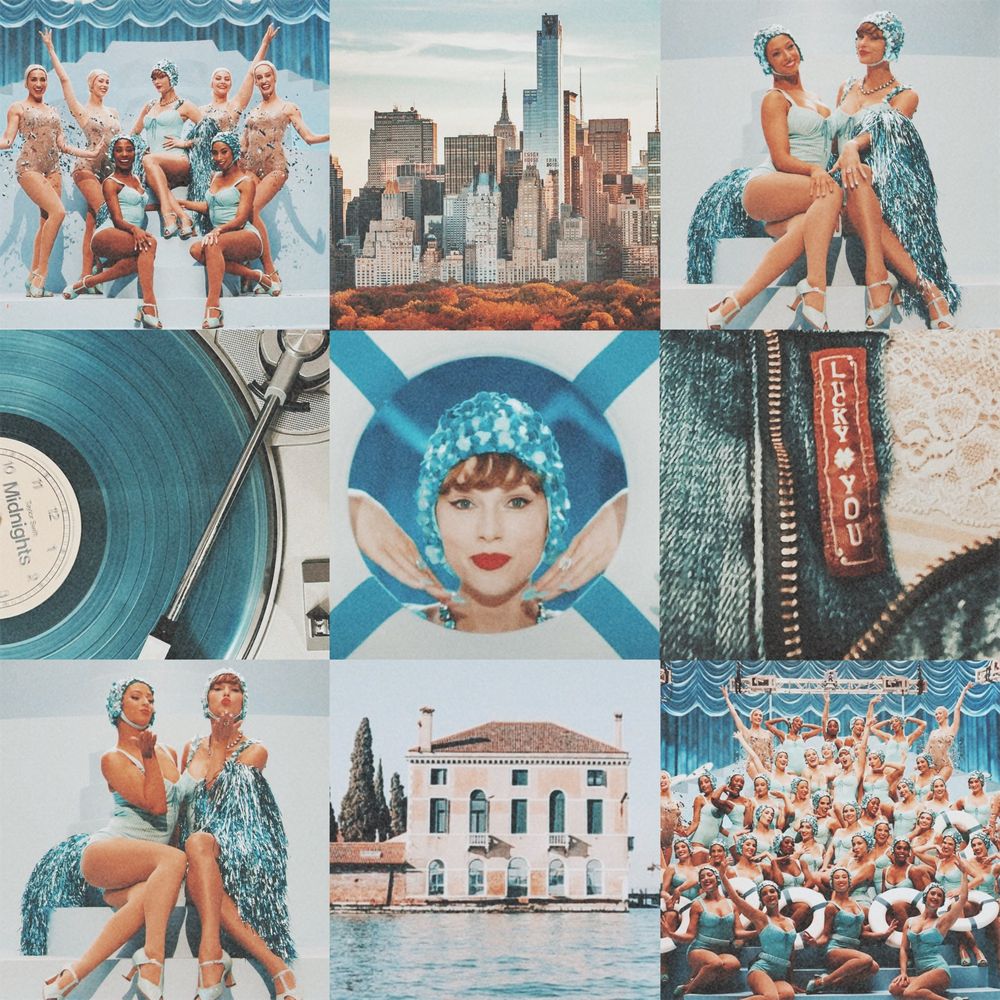 teal aesthetic collage including pictures of taylor swift, city skylines, and vinyl records
