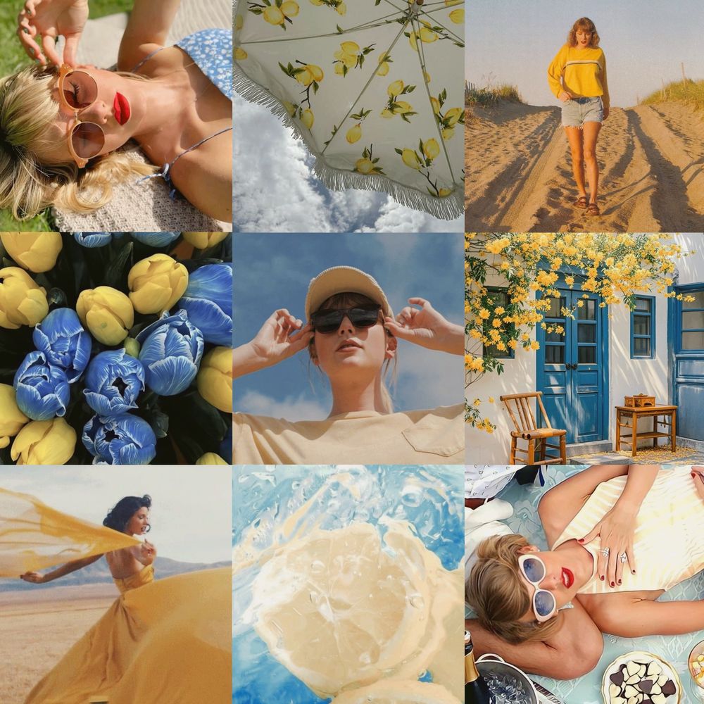 blue and yellow aesthetic moodboard. includes pictures of taylor swift in the blank space and wildest dreams mv as well as selfies and a photo from her 1989 tv photoshoot. there are also pictures of blue and yellow flowers and lemons. 