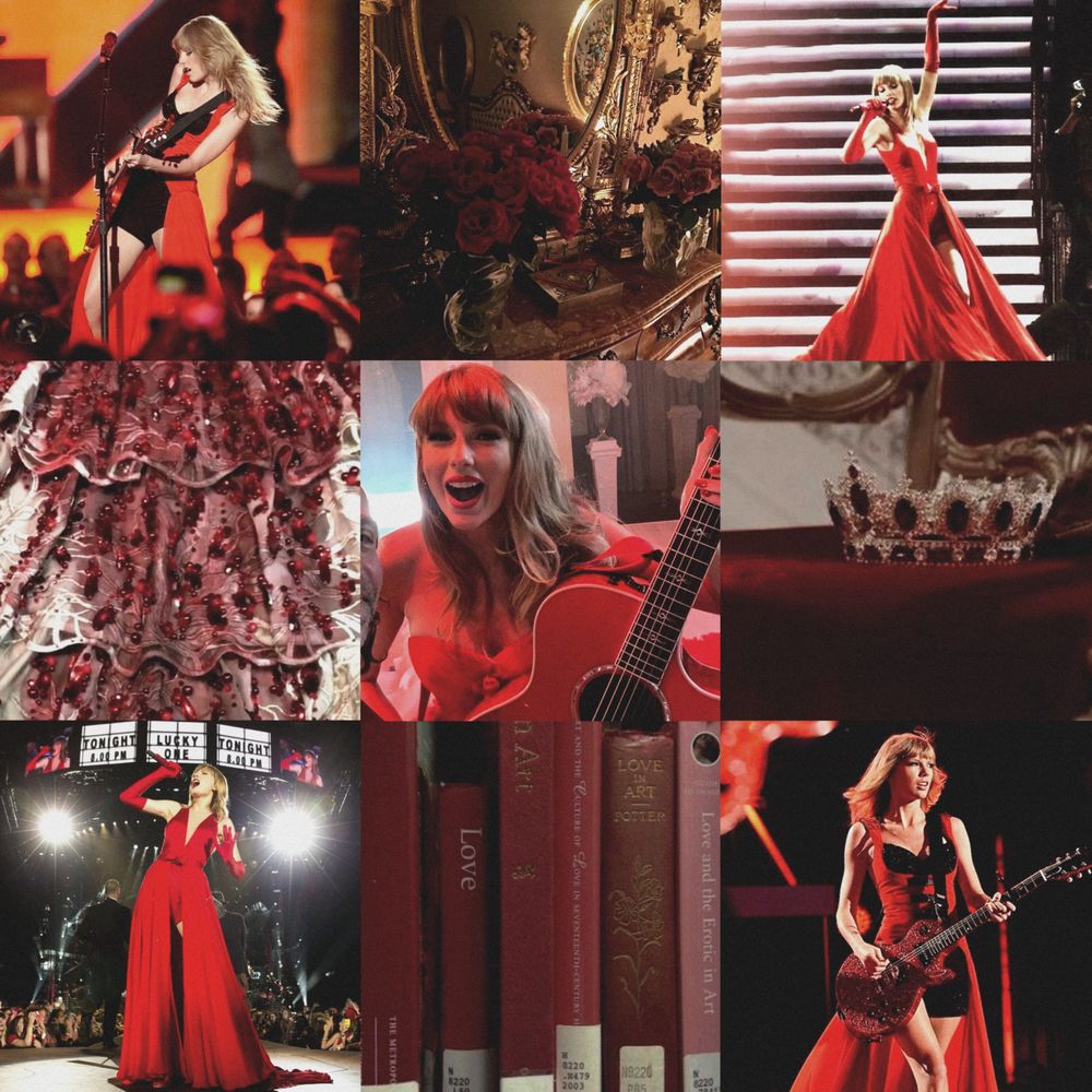 aesthetic collage inspired by taylor swift’s red album and princess aesthetics. includes images of taylor from the red tour and red taylor’s version era. 