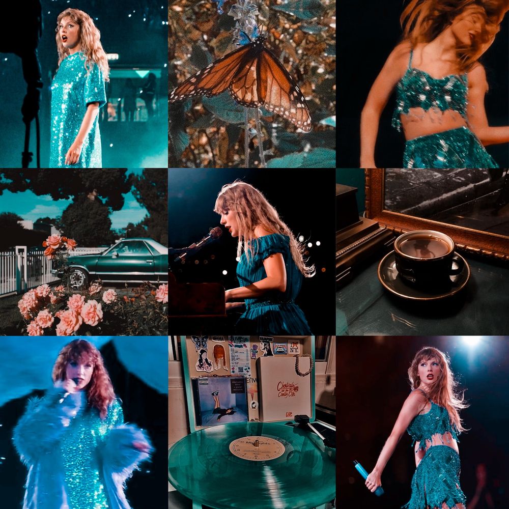 aesthetic collage including pictures of taylor swift performing at the eras tour