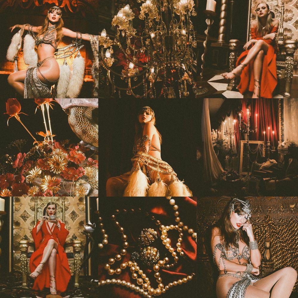 black, red, and gold aesthetic collage inspired by taylor swift’s reputation era and her life of a showgirl era. include various pictures of taylor and images of chandeliers, flowers, pearls, and velvet curtains by candlelight 