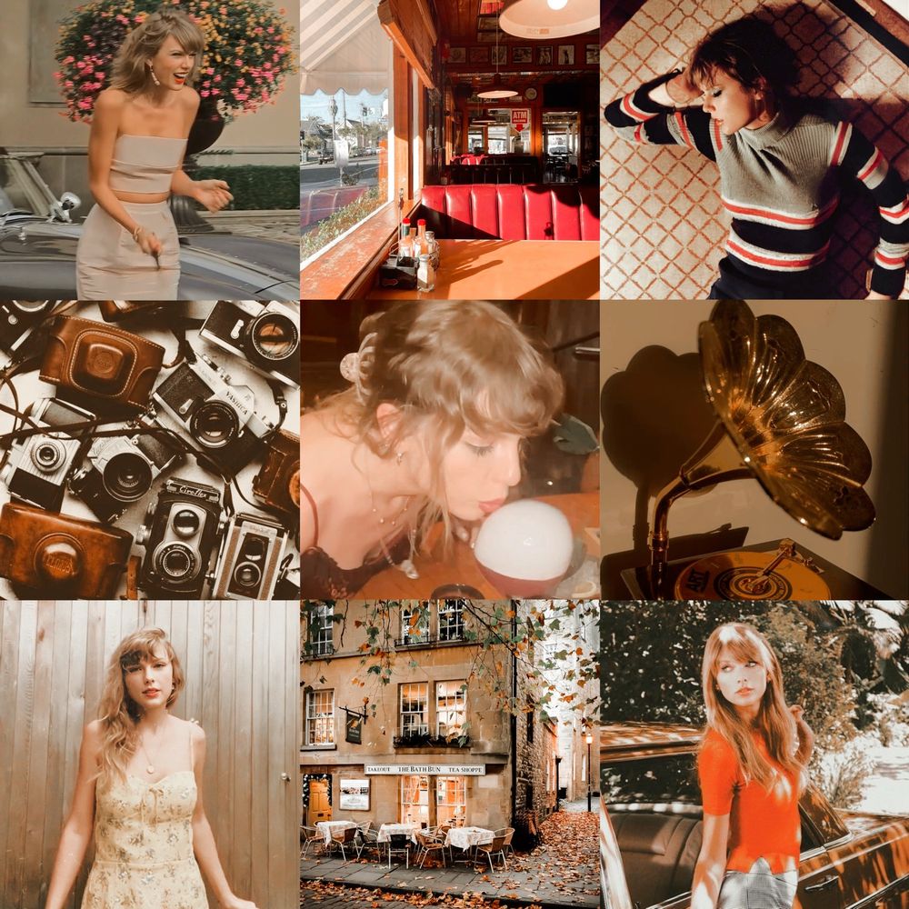 aesthetic collage of pictures of taylor swift, a collection of cameras, outdoor dining on a city street in fall, a vintage record player, and a diner booth with sun streaming in