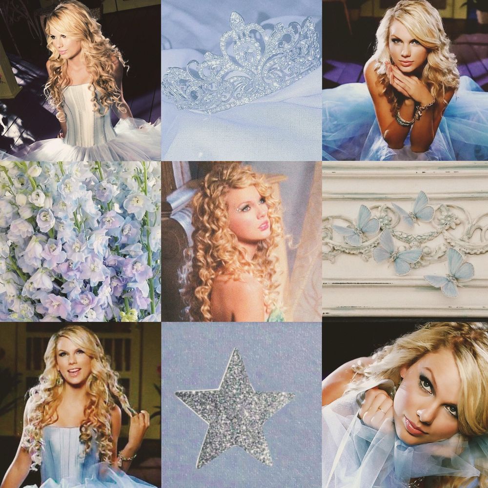 aesthetic collage including picture of taylor swift in the our song video wearing a pale blue strapless dress with a tulle skirt bottom, light blue delphinium flowers, a silver sparkly star on a soft blue background, a blue crown on a matching bedspread and white wooden furniture with pale blue butterfly embellishments across