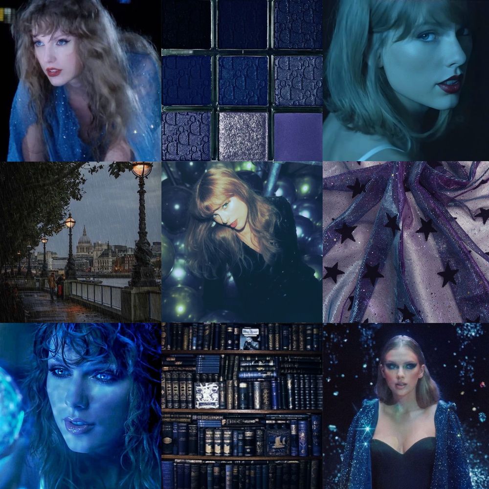 blue aesthetic collage inspired by taylor swift’s album midnights 