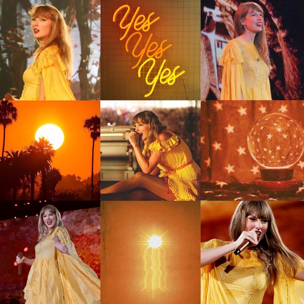 Ts12 aesthetic, yellow and orange, includes pics of taylor on stage at the eras tour