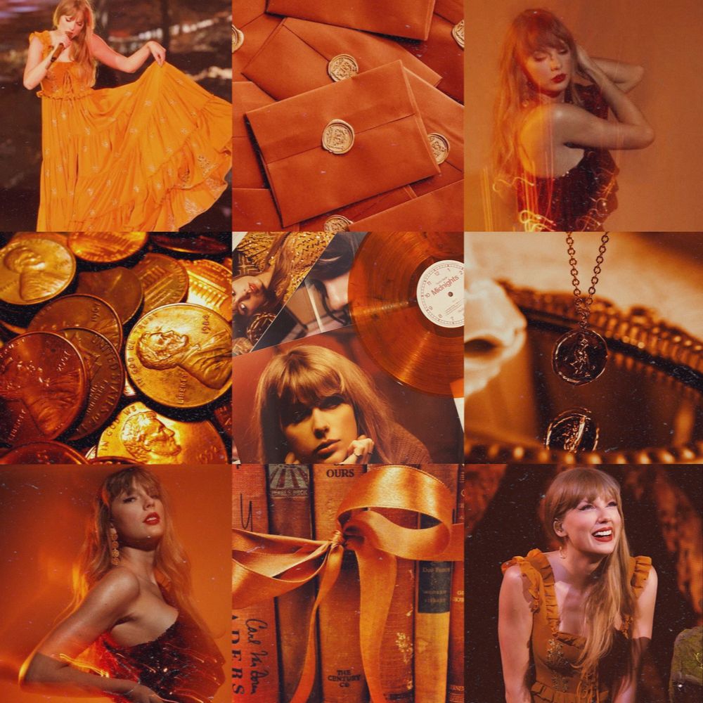 aesthetic moodboard with shades of orange- includes 9 images

top left- taylor swift during the evermore era at the eras tour, she’s holding up the hem of her dress

top middle - a bunch of orange envelops with gold seals in the center of each

top right - taylor swift during her snl photoshoot. it’s blurry and she wears an orange dress

middle left- Pennies with an orange hue 

center- aesthetic pic of the blood orange midnights vinyl by taylor swift

middle right- aesthetic image of a necklace hanging over a mirror with an orange hue

bottom left- taylor swift picture from an snl photoshoot. she’s looking at the camera and wearing an orange dress 

bottom middle - orange hue books with a matching ribbon in front of them

bottom right - taylor swift on stage at the eras tour. she’s sitting at the piano and leaning forward, smiling at the crowd 