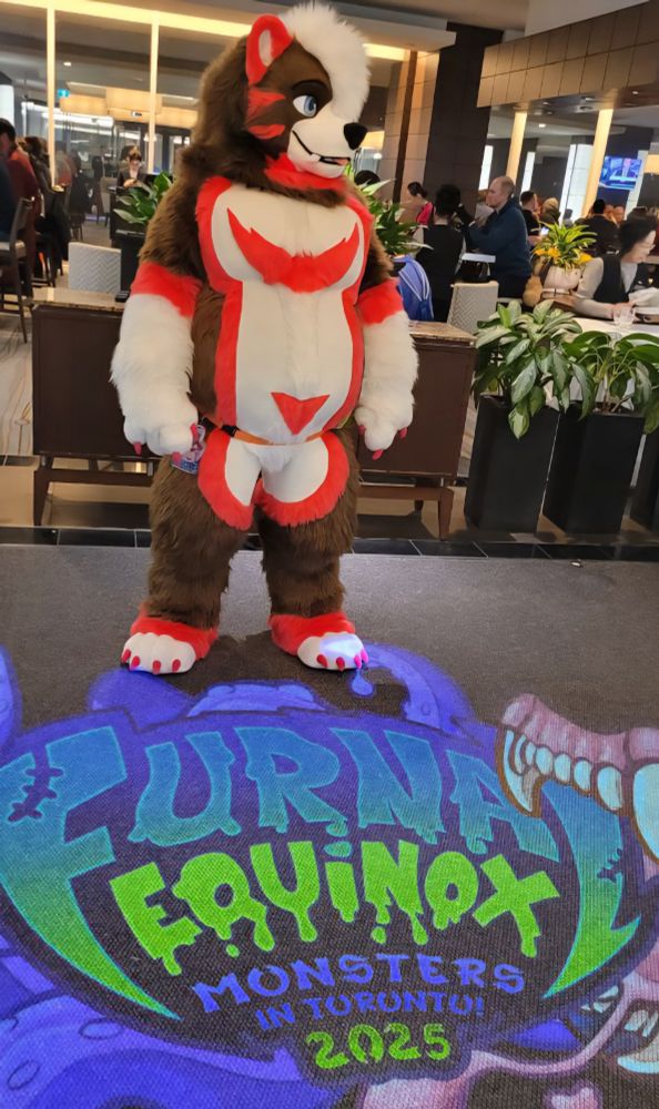 Bear fursuit from KigurumiKagetsu, neapolitan coloured, standing lamely, lost at a convention.