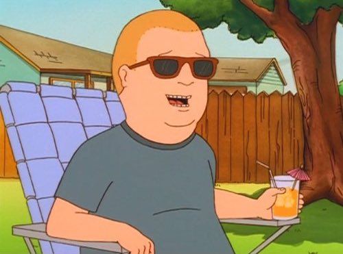 a picture of Bobby Hill from the animated show, King of the Hill, with sunglasses on sitting in a lawn chair drinking a drink with a small umbrella in it looking chill.