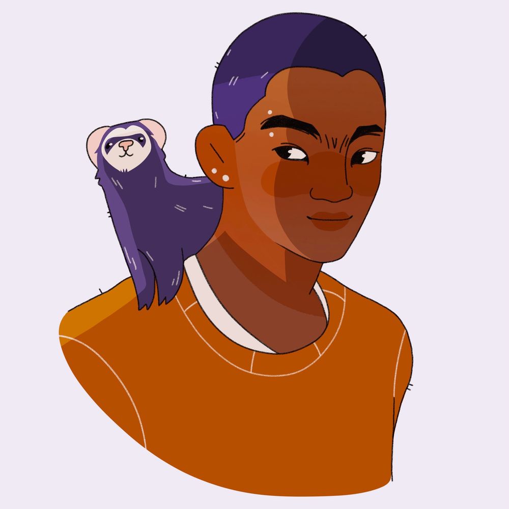 drawing of a girl - harrow - with a ferret on her shoulder. she has shaved dark hair and brown skin. she’s wearing an orange shirt. the ferret has dark fur with white markings on its face. both look happy. 