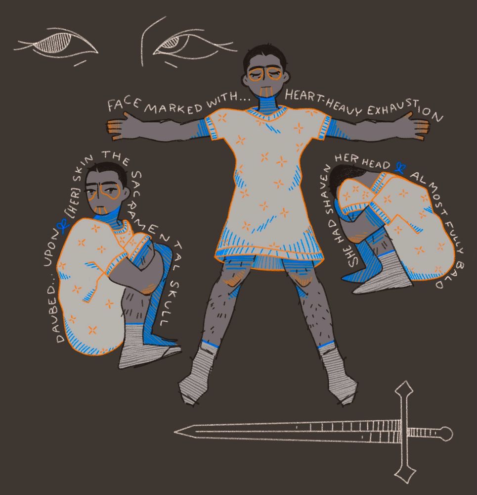 drawings of a girl in a hospital gown. her hair is black and shaved. her face is painted with a skull. a pair of eyes - one light and one dark - are in the top left. a sword is in the bottom right. on the left: the girl sitting with her knees to her chest, arms wrapped around her shins, looking at the viewer. text around her reads: DAUBED… UPON [HER] SKIN THE SACRAMENTAL SKULL in the middle: the girl lying on her back, eyes closed and arms spread wide. text around her reads: FACE MARKED WITH… HEART-HEAVY EXHAUSTION on the right: the girl sitting, facing left, head between her knees, arms around her shins. text around her reads: SHE HAD SHAVED HER HEAD ALMOST FULLY BALD