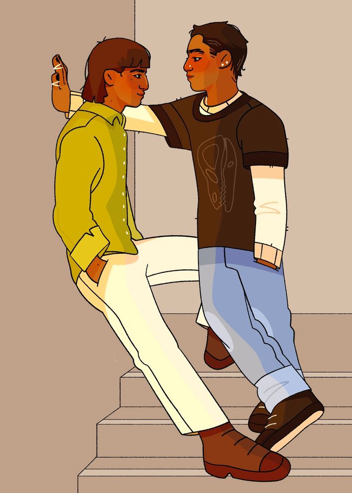 drawing of camilla and harrow on a staircase. camilla, on the left, is leaning against the wall and smiling up at harrow. she has brown skin and a brown bob. she’s wearing a green button up shirt, white pants, and brown shoes. harrow is in front of her, leaning her hand against the wall and standing a step higher than camilla. she has brown skin, short black hair, and white jewelry. she’s wearing a white undershirt, black t-shirt with a dinosaur skull, blue jeans, and black shoes.