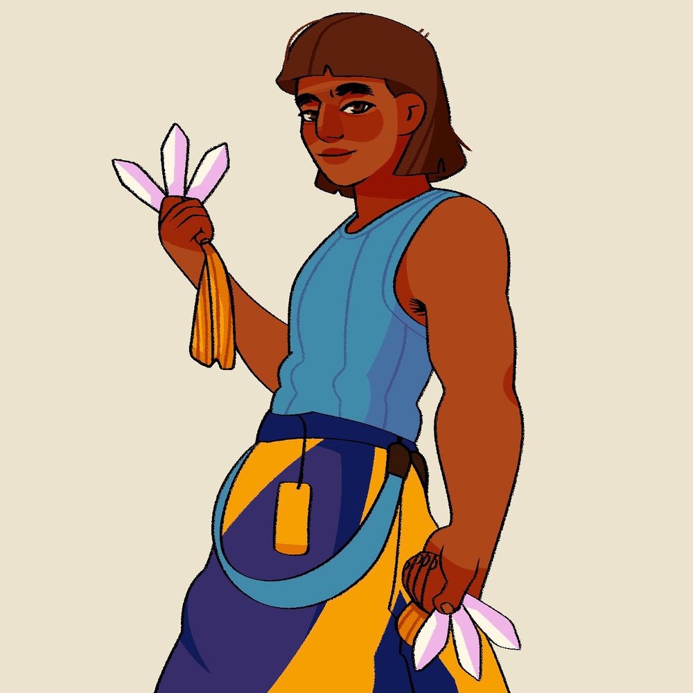 drawing of camilla dressed as zoey from huntr/x. she has brown skin, brown eyes, and a short brown bob. she’s wearing a blue tank and blue and yellow pants. she’s holding blades in each hand.