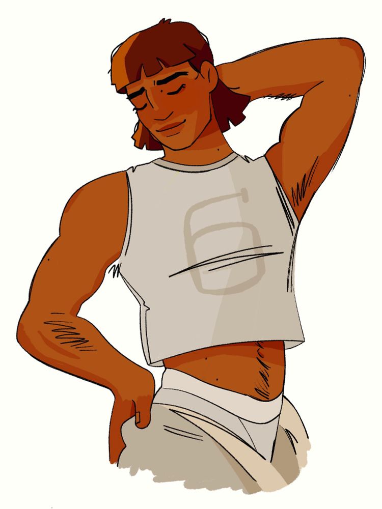 drawing of camilla hect stretching, her right hand on her hip and her left behind her head. she’s muscular with brown skin and a brown bob. her eyes are closed. she’s wearing a gray crop top with the number six on it, which rides up to show a happy trail on her stomach. she’s wearing gray pants which have been unzipped, displaying white boxer briefs beneath.