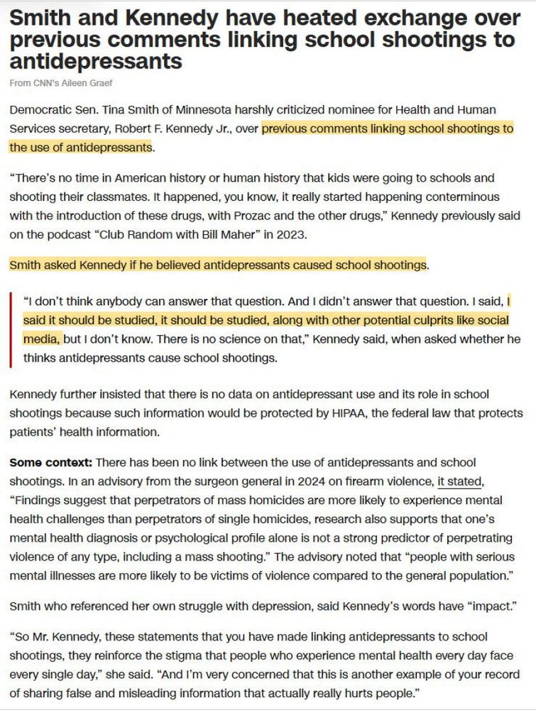 screenshot from CNN article about RFK's testimony re: past statements he made connecting antidepressant medication and school shootings