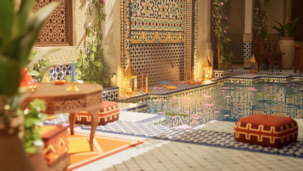 A 3d real time render of a Moroccan Riad with a warm light hitting the biggest wall, and a pool suroundded by cushions and small tables.