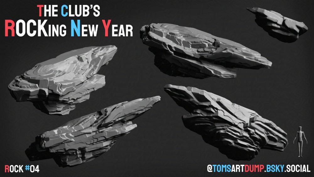 This image represents several views of a 3d boulder sculpture, with a mannequin standing besides it.