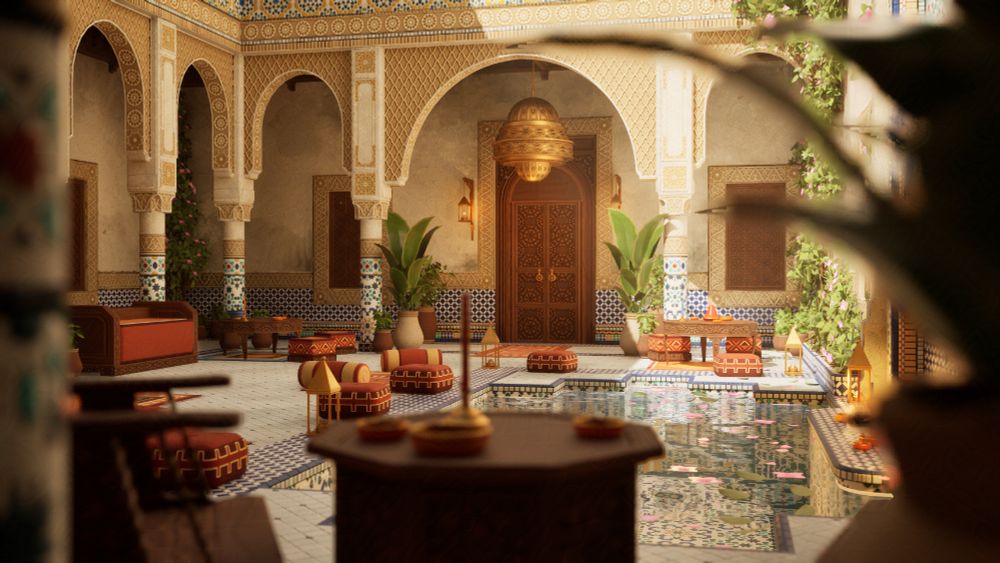 A 3d real time render of a Moroccan Riad with a warm light hitting the biggest wall, showing off plants and mosaics.
