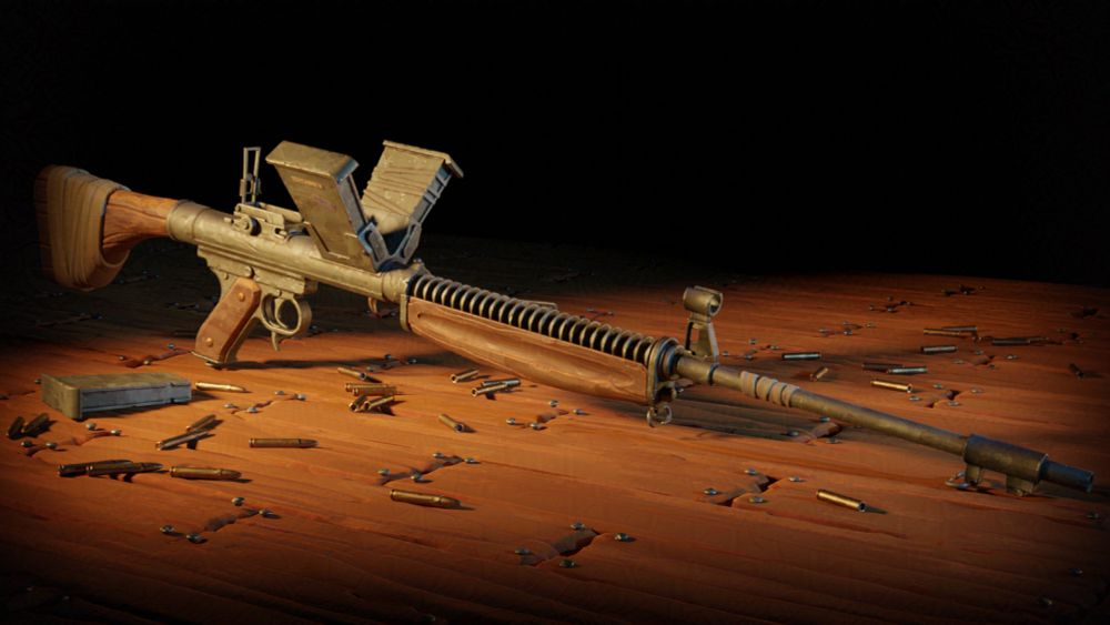 The image represents a stylized 3d representation of a world war 1 prototype weapon, the Burton 1917 LMR