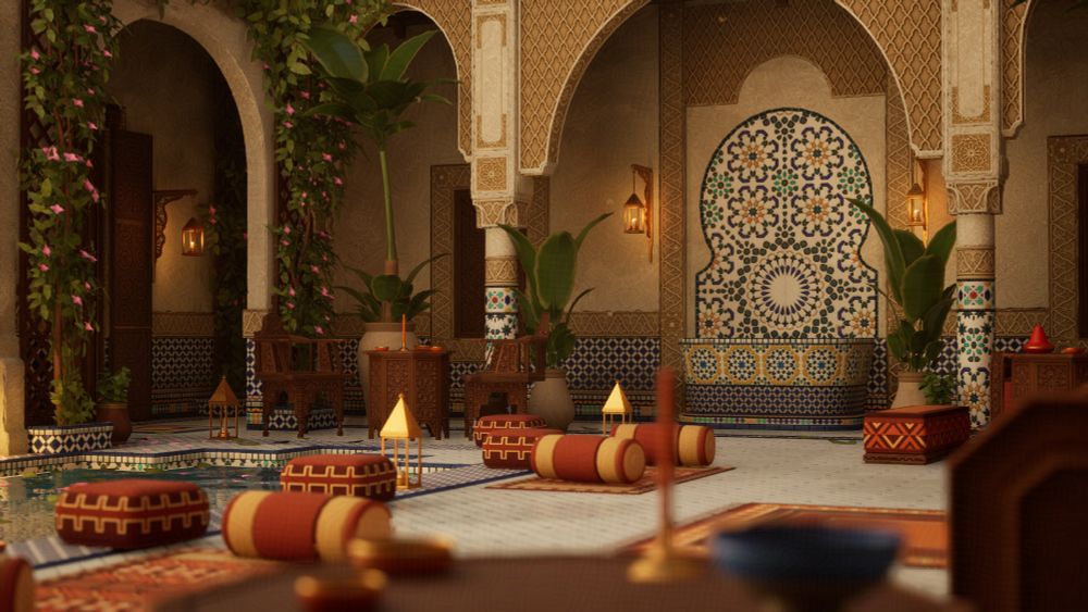A 3d real time render of a Moroccan Riad with a pool surounded by cushions, plants and small tables.