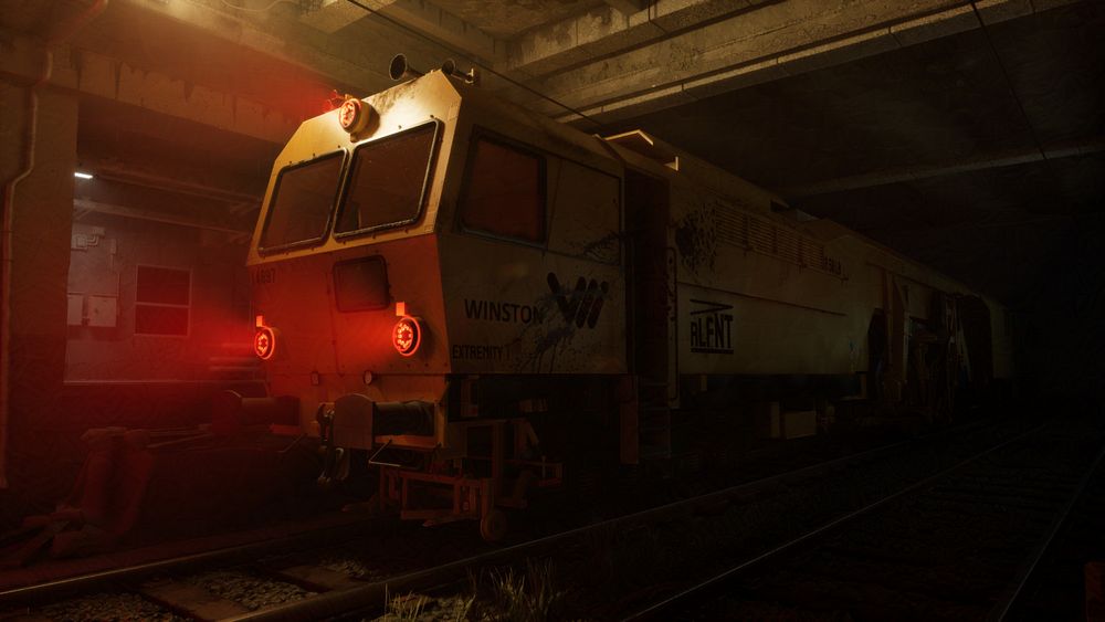 The Image represents a night scene with a warm yellow train with red glowing lights.