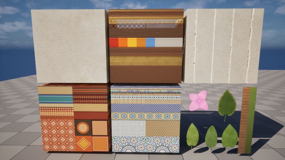 Varied renders of materials, including plaster, wood and gold trims, fabric, and mosaic patterns and trims.