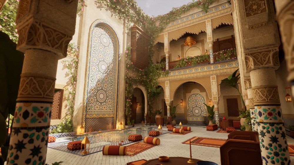 A 3d real time render of a Moroccan Riad with a warm light hitting the biggest wall, showing off plants and mosaics.