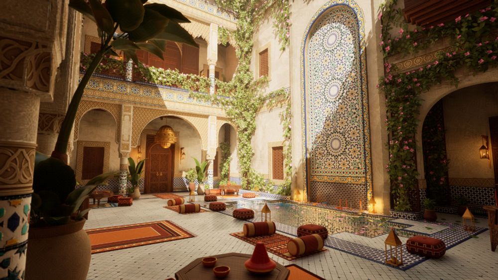 A 3d real time render of a Moroccan Riad with a warm light hitting the biggest wall, showing off plants and mosaics.