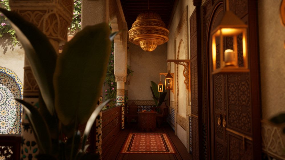 A 3d real time render of a Moroccan Riad showing one of the balcony areas including some plants, lanterns and chandelier.